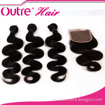1b# Factory Price Unprocessed Brazilian Virgin Hair Extension Body Wave Bundles with Lace Closure, 100% Wavy Human Hair Weaving 12-30"